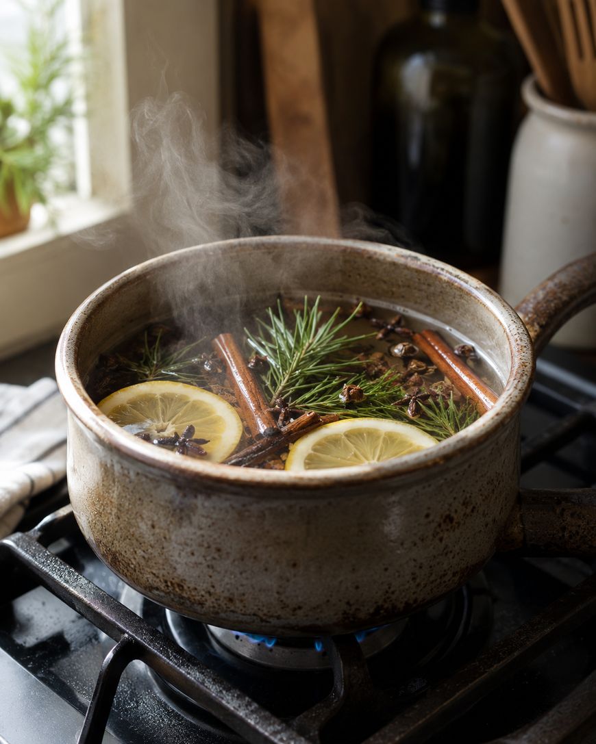 A rustic ceramic pot simmers on a stovetop, filled with water, lemon slices, cinnamon sticks, pine branches, and star anise, releasing visible steam in a cozy kitchen setting.