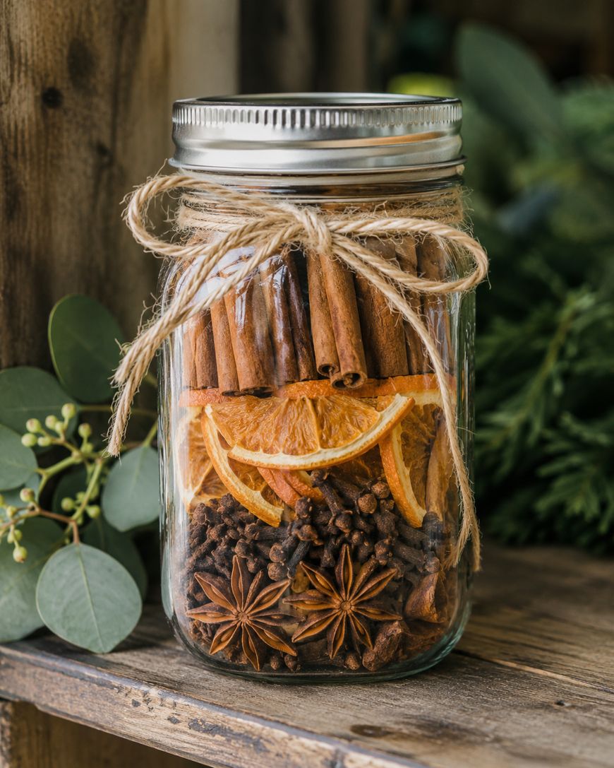 A glass jar filled with dried orange slices, cinnamon sticks, cloves, and star anise, tied with twine, sits on a wooden surface next to green foliage.