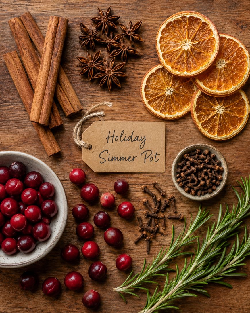 Cinnamon sticks, star anise, dried orange slices, fresh cranberries, cloves, and rosemary are arranged on a wooden surface with a tag labeled Holiday Simmer Pot.