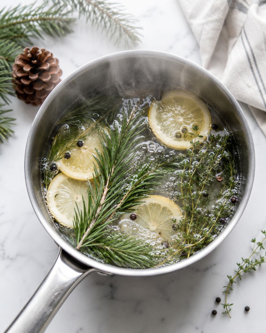 A saucepan on a marble surface containing simmering water with lemon slices, pine sprigs, thyme, and peppercorns, surrounded by a pinecone, napkin, and extra herbs. Steam is rising from the pot.
