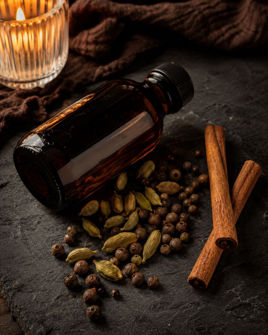 A dark glass bottle lies on a black slate beside cinnamon sticks, cardamom pods, and peppercorns. A lit candle in a glass holder glows softly in the background, creating a warm and cozy atmosphere.