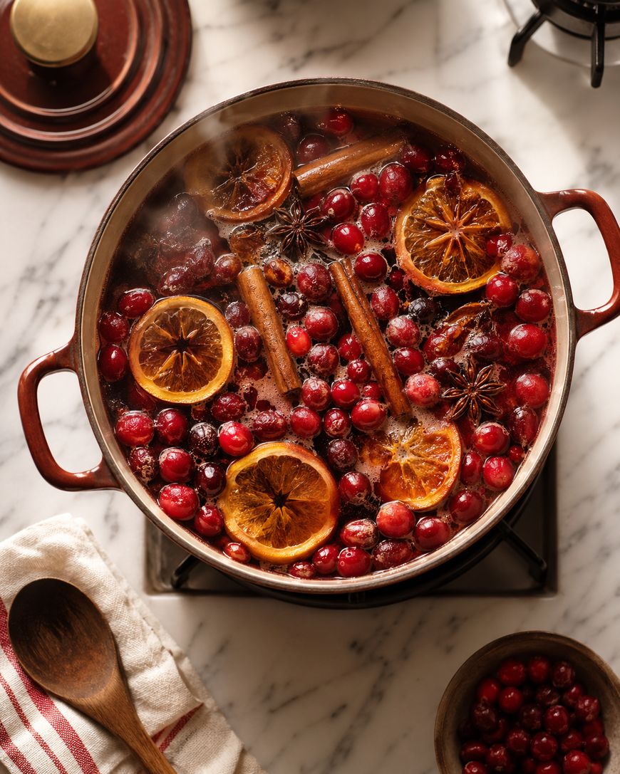 A pot on a stove simmers with cranberries, orange slices, cinnamon sticks, and star anise, creating a festive, aromatic mixture. A wooden spoon and a bowl of cranberries are nearby on a marble countertop.