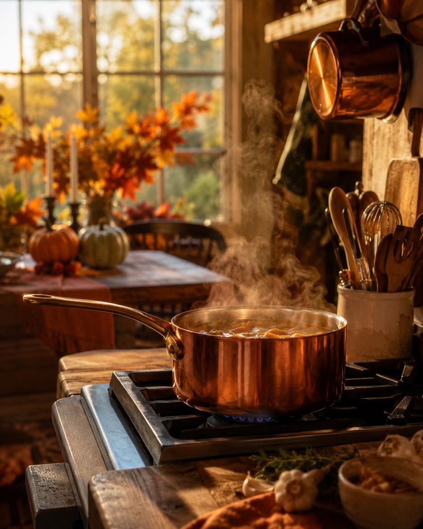A copper pot simmers on a stove in a cozy, sunlit kitchen. Steam rises from the pot, while autumn decorations and pumpkins adorn a wooden table by a window in the background.