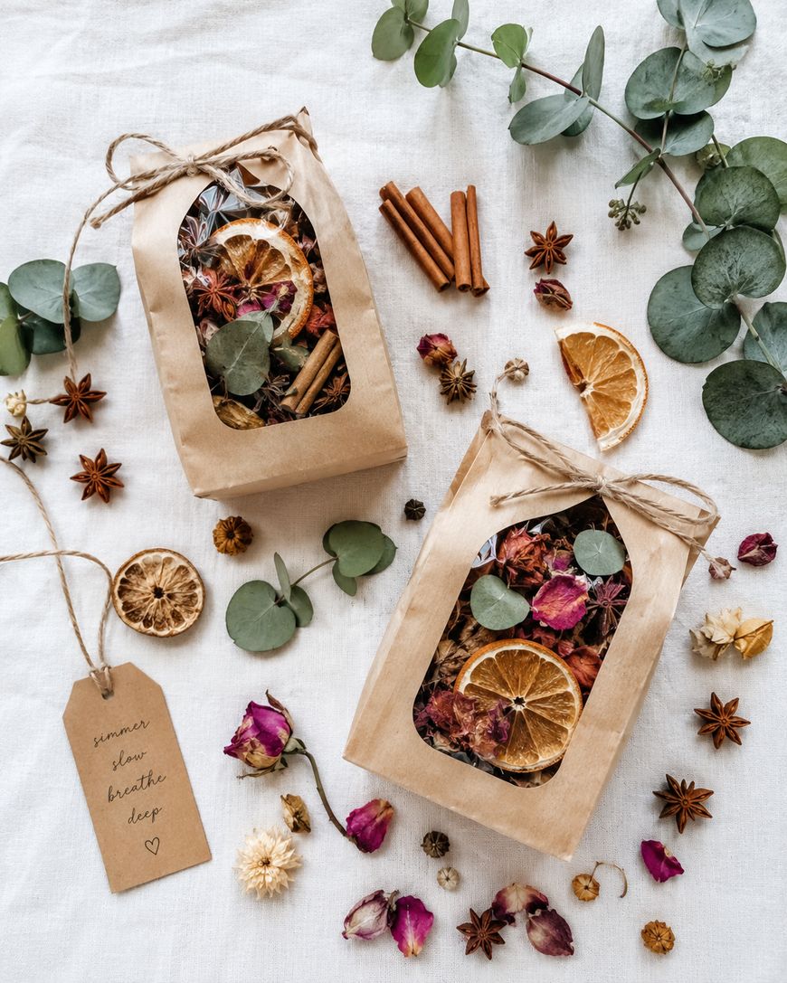Two brown paper bags filled with dried citrus slices, flowers, and spices, tied with twine, are placed on a white cloth. Dried botanicals, cinnamon sticks, and a tag reading “summer flow breathe deep” surround the bags.