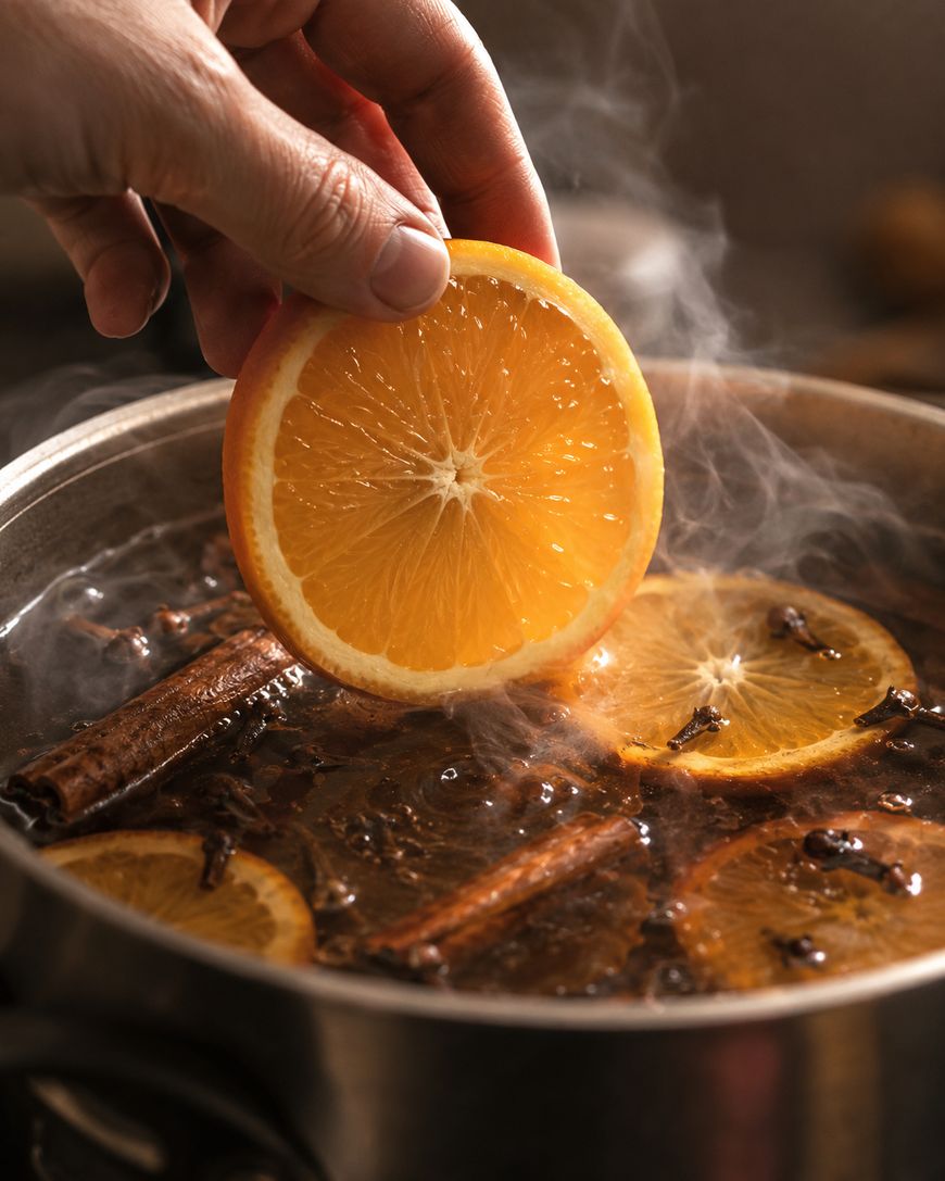 A hand holds a fresh orange slice above a steaming pot filled with orange slices, cinnamon sticks, and cloves, suggesting the preparation of a fragrant, spiced beverage or simmer pot.