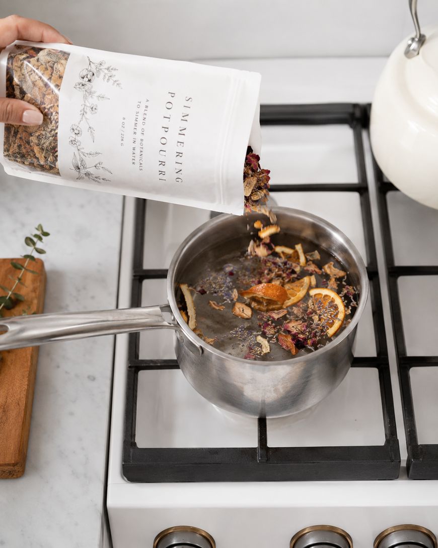 A hand pours a bag of simmering potpourri, containing dried fruits and botanicals, into a saucepan of water on a stove. A white kettle and wooden board are nearby on the countertop.