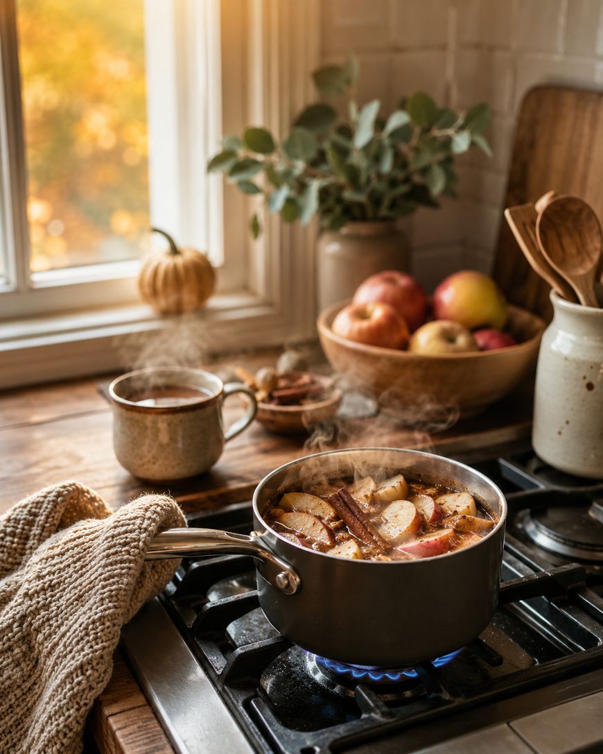 A pot of sliced apples, cinnamon sticks, and spices simmers on a stove, with steam rising. Nearby are a mug, a bowl of apples, wooden utensils, and a cozy knitted cloth, all set in a warm, sunlit kitchen.