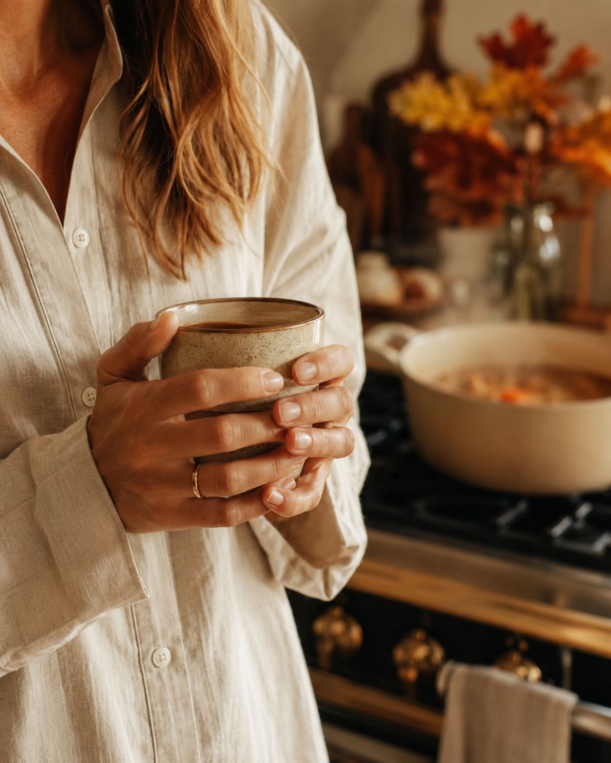 A person in a beige shirt holds a ceramic mug with both hands in a cozy kitchen. A pot simmers on the stove and autumn leaves in a vase are visible in the background.