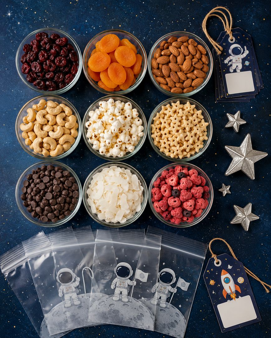 Twelve bowls with various snacks, including nuts, dried fruits, popcorn, chocolate chips, and cereal, are arranged on a starry surface with silver stars, astronaut-themed zip bags, and decorative tags nearby.