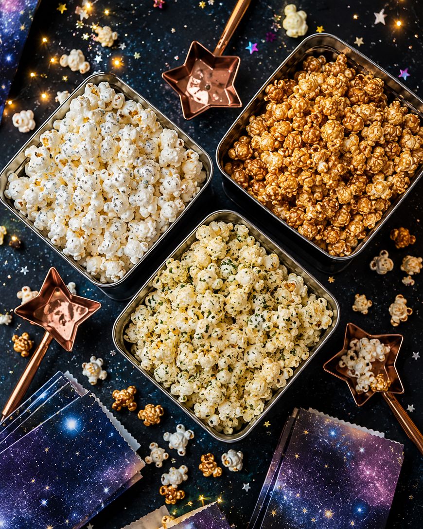 Three square tins filled with different flavors of popcorn are arranged on a starry, galaxy-themed surface, surrounded by gold star decorations, copper star-shaped dishes, and matching napkins.