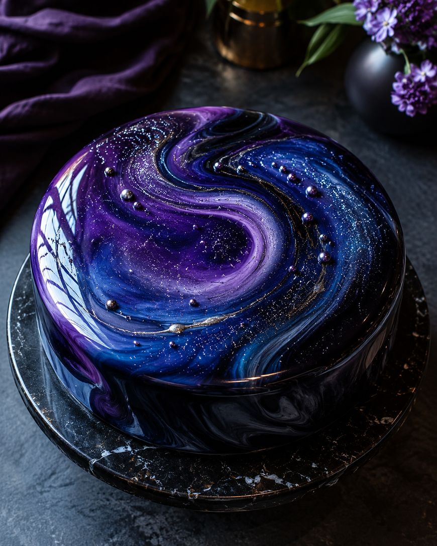 A round, space themed food cake with a glossy, swirling galaxy design in dark purple, blue, and black hues, topped with metallic edible pearls and gold specks, displayed on a marble stand beside purple flowers.