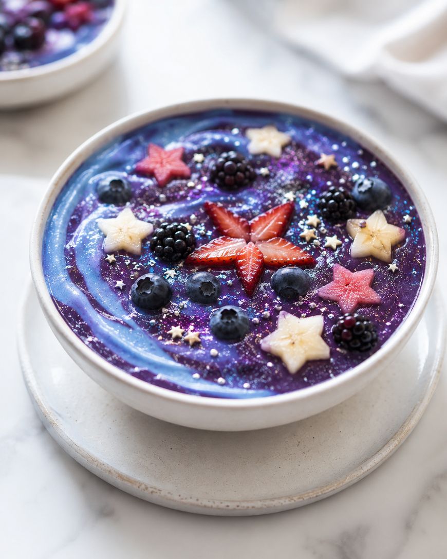 A smoothie bowl with a vibrant purple swirl, topped with star-shaped banana slices, blackberry, blueberries, and a flower shape made from sliced strawberries. Edible glitter decorates the surface. Bowl sits on a white plate.