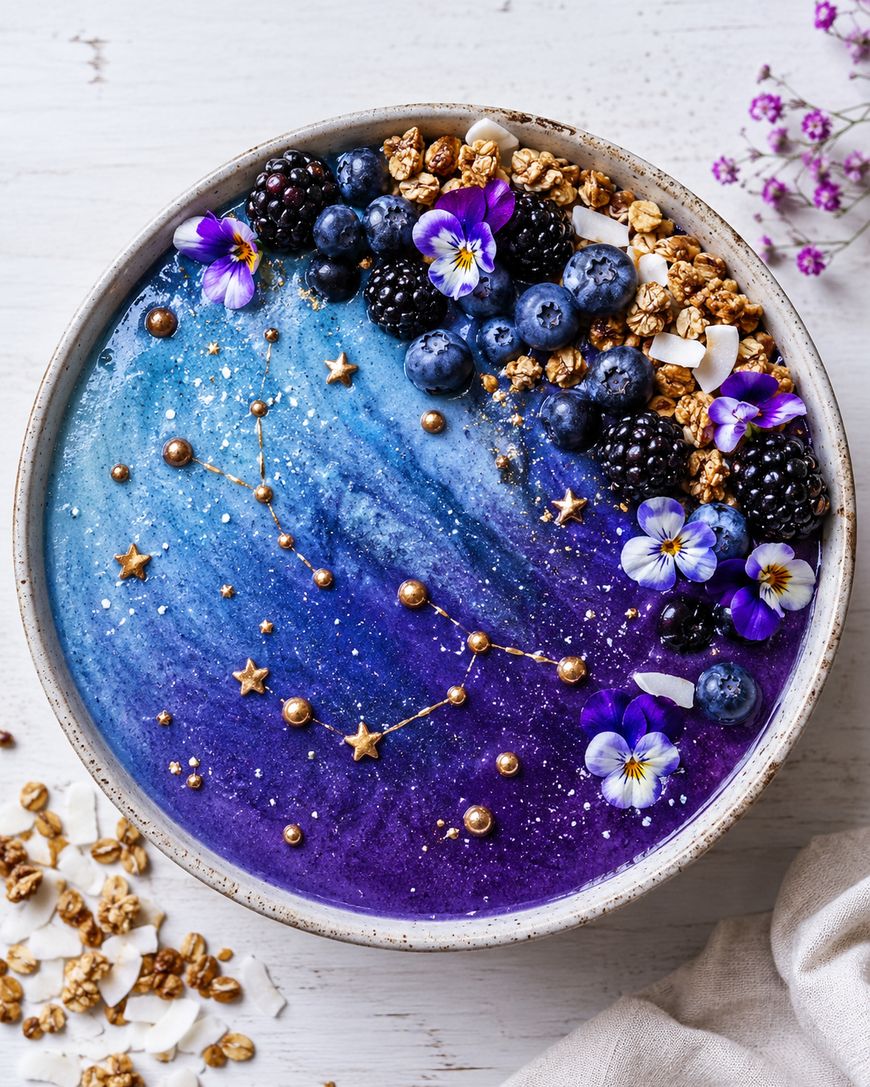 A vibrant smoothie bowl with a blue and purple galaxy swirl, topped with blueberries, blackberries, granola, coconut flakes, edible flowers, and gold star and pearl decorations, placed on a white wooden surface.