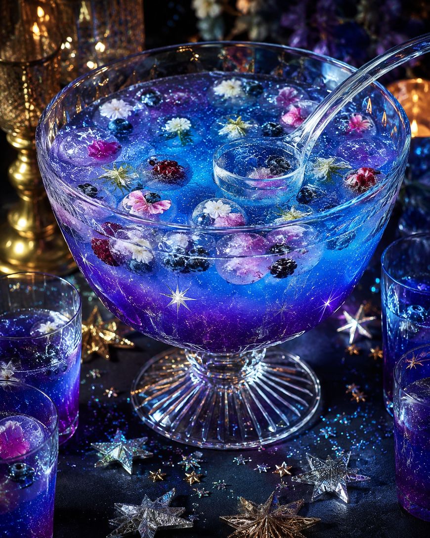 A large glass punch bowl filled with sparkling blue and purple punch, blackberries, blueberries, and colorful edible flowers, surrounded by glittering star decorations and matching glasses on a festive table.