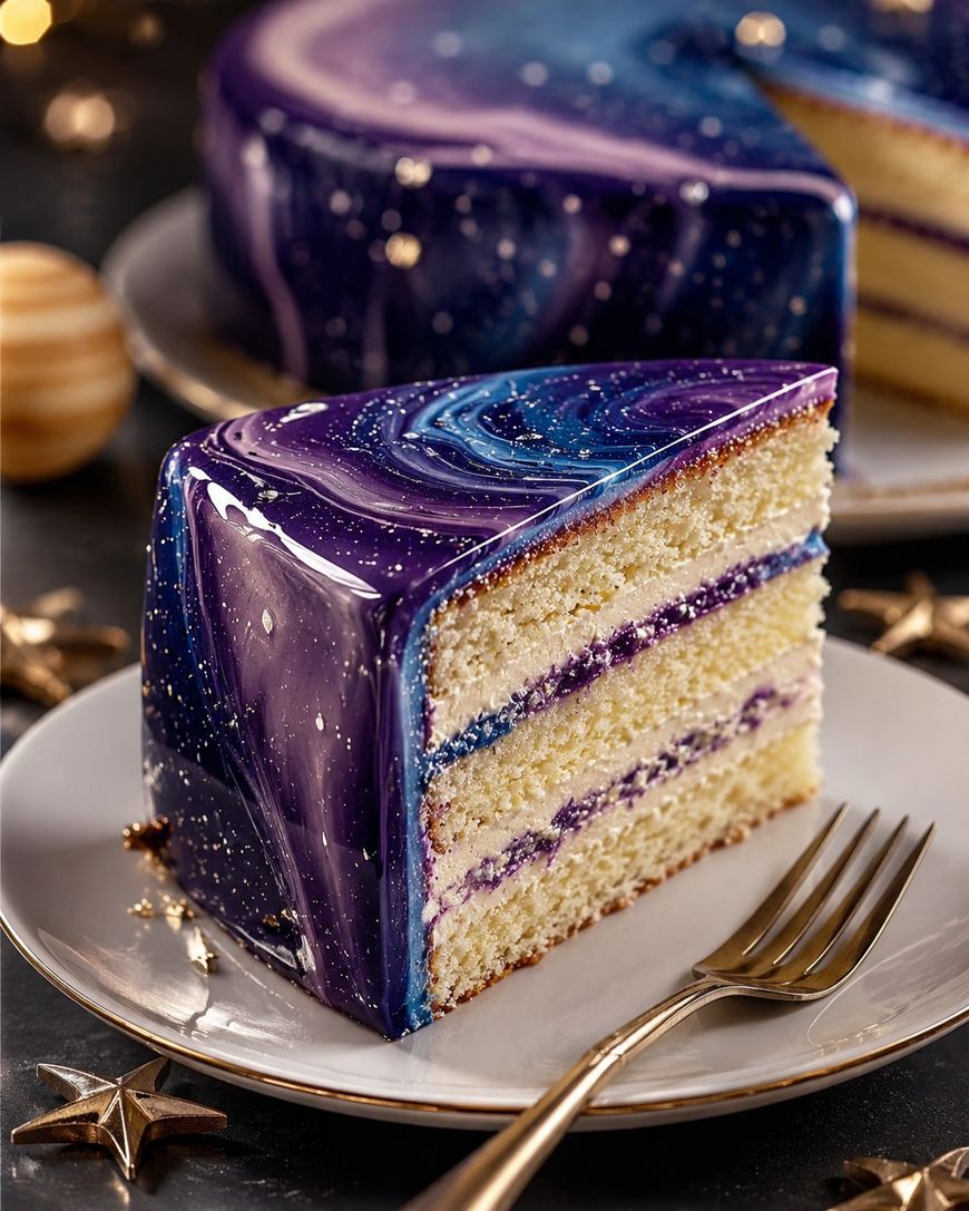 A slice of layered vanilla cake with purple and blue galaxy-style mirror glaze, featuring shimmering stars. The rest of the cake sits in the background, and the scene is decorated with golden star ornaments.