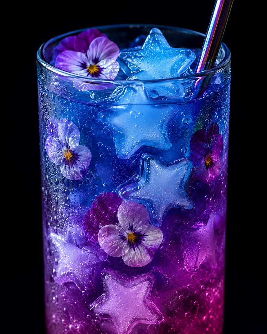 A vibrant drink in a tall glass with star-shaped ice cubes, purple and blue gradient liquid, floating edible purple flowers, and a metal straw, all against a black background.