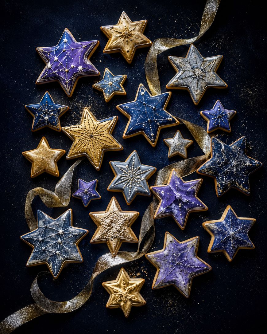 Assorted star-shaped cookies decorated with blue, purple, black, and gold icing, some featuring constellation designs, are arranged on a dark surface with gold ribbon and edible glitter scattered around.