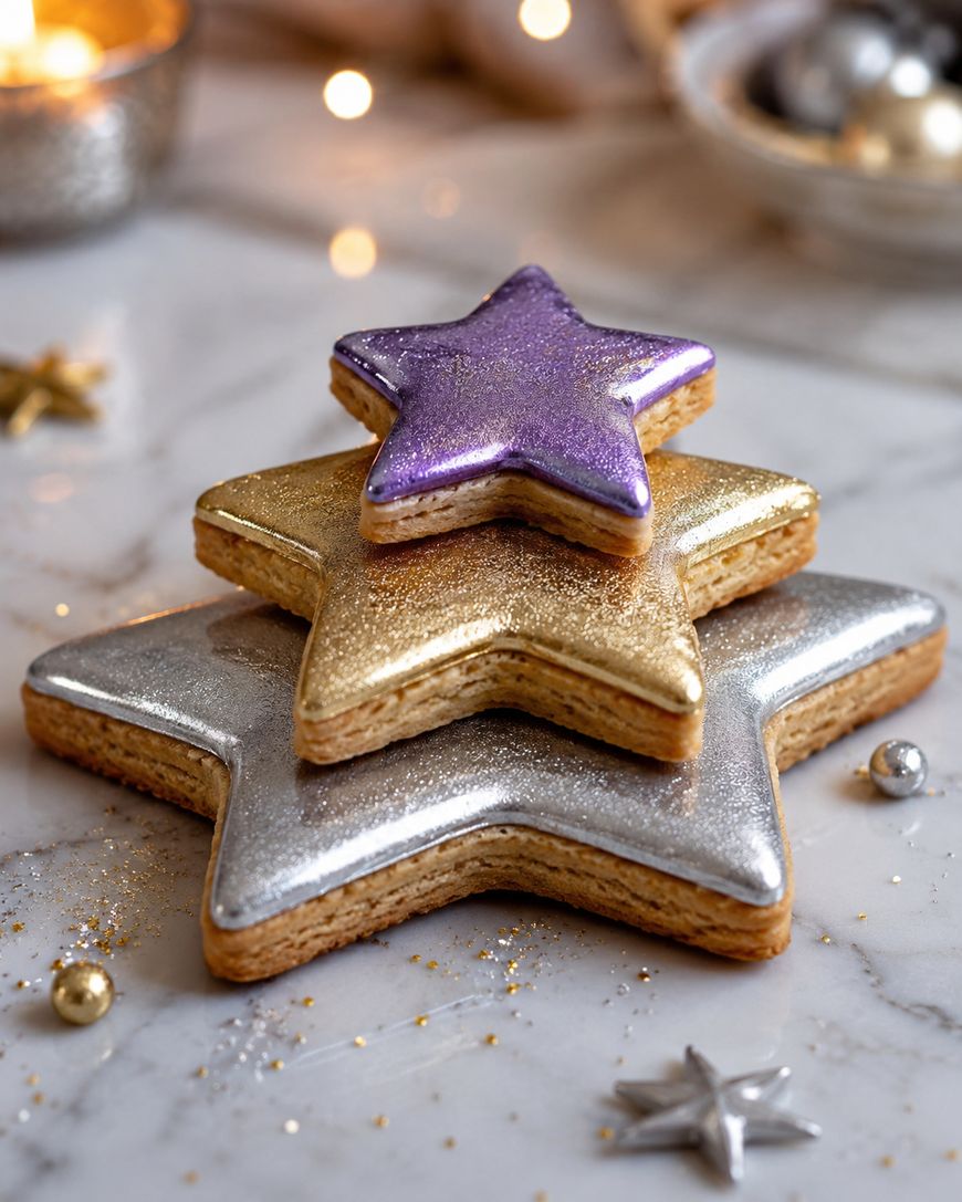 Three star-shaped cookies stacked on top of each other, decorated with metallic silver, gold, and purple icing. The cookies are on a marble surface, surrounded by festive decorations and warm lights.
