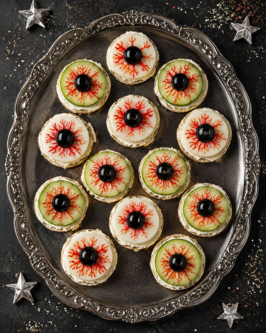 A silver tray holds 13 round appetizers decorated to look like eyeballs, with white bases, red veins, green circles, and black olives in the center, surrounded by star-shaped decorations on a dark surface.