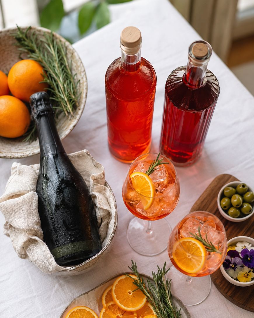 A table set with two glasses of orange cocktails garnished with orange slices and rosemary, two bottles of red liquor, a bottle of sparkling wine, a bowl of oranges, a small wooden dish of green olives, and sliced oranges.