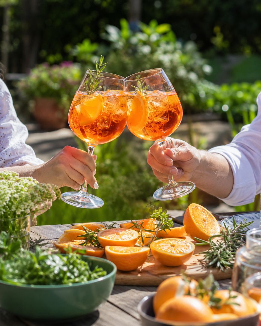 Two people clink glasses filled with orange cocktails garnished with orange slices and rosemary. Fresh oranges, herbs, and flowers are arranged on a sunlit outdoor table in a garden setting.
