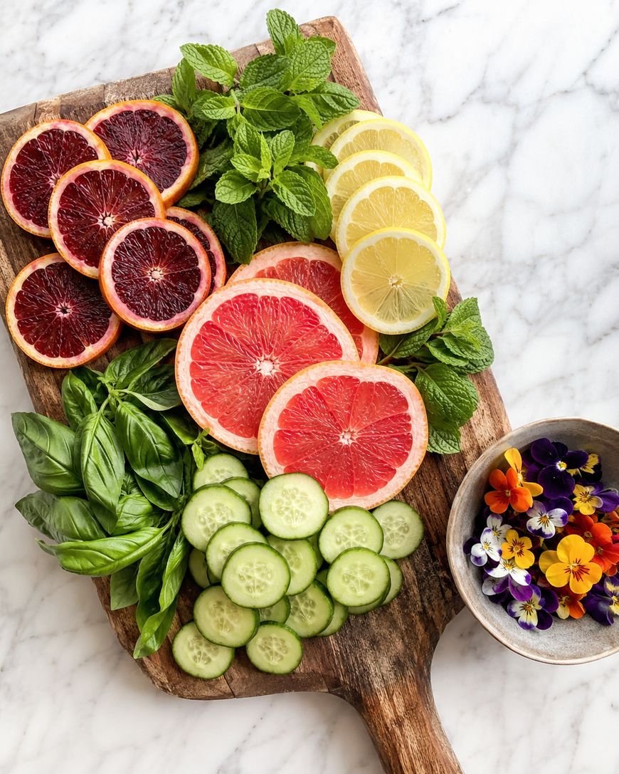 A wooden cutting board with sliced blood oranges, lemons, grapefruits, cucumbers, fresh mint, basil, and a bowl of colorful edible flowers on a marble surface.