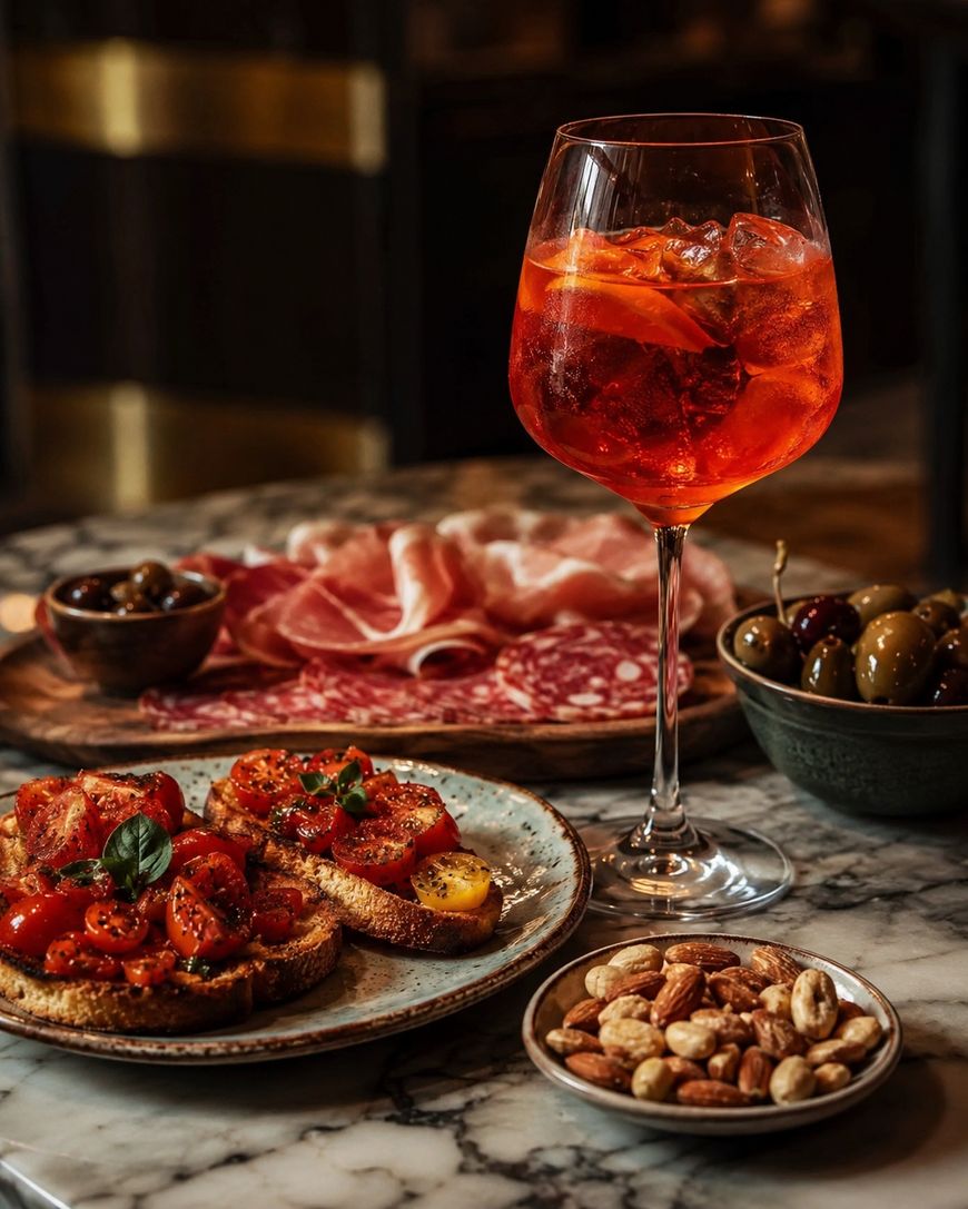 A glass of orange spritz on a marble table, surrounded by plates of bruschetta with tomatoes, cured meats, green and black olives, and a small bowl of mixed nuts.