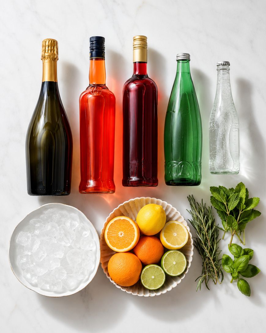 Five bottles of various drinks, a bowl of ice, a bowl of sliced citrus fruits, and small bunches of fresh herbs including mint and rosemary, all arranged on a white surface.
