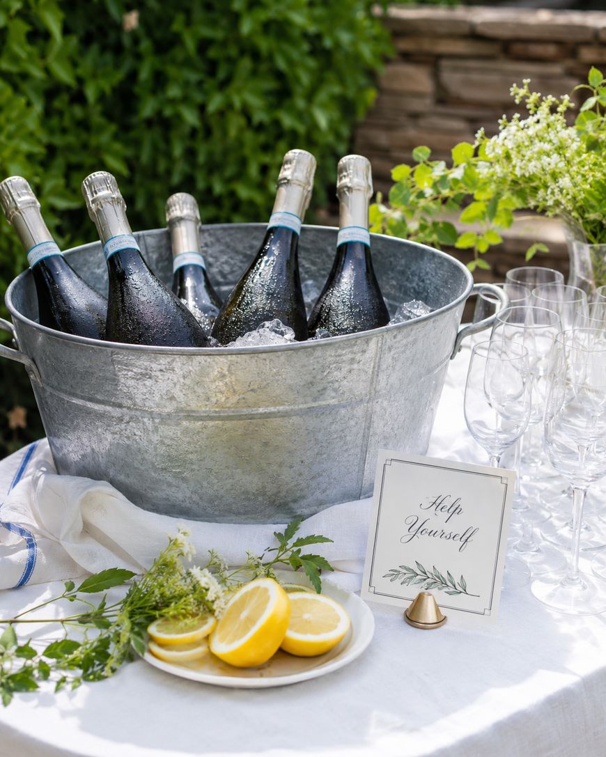 A large metal tub filled with ice holds five bottles of sparkling wine. Nearby, empty wine glasses, lemon halves, greenery, and a sign reading Help Yourself sit on a white tablecloth outdoors.