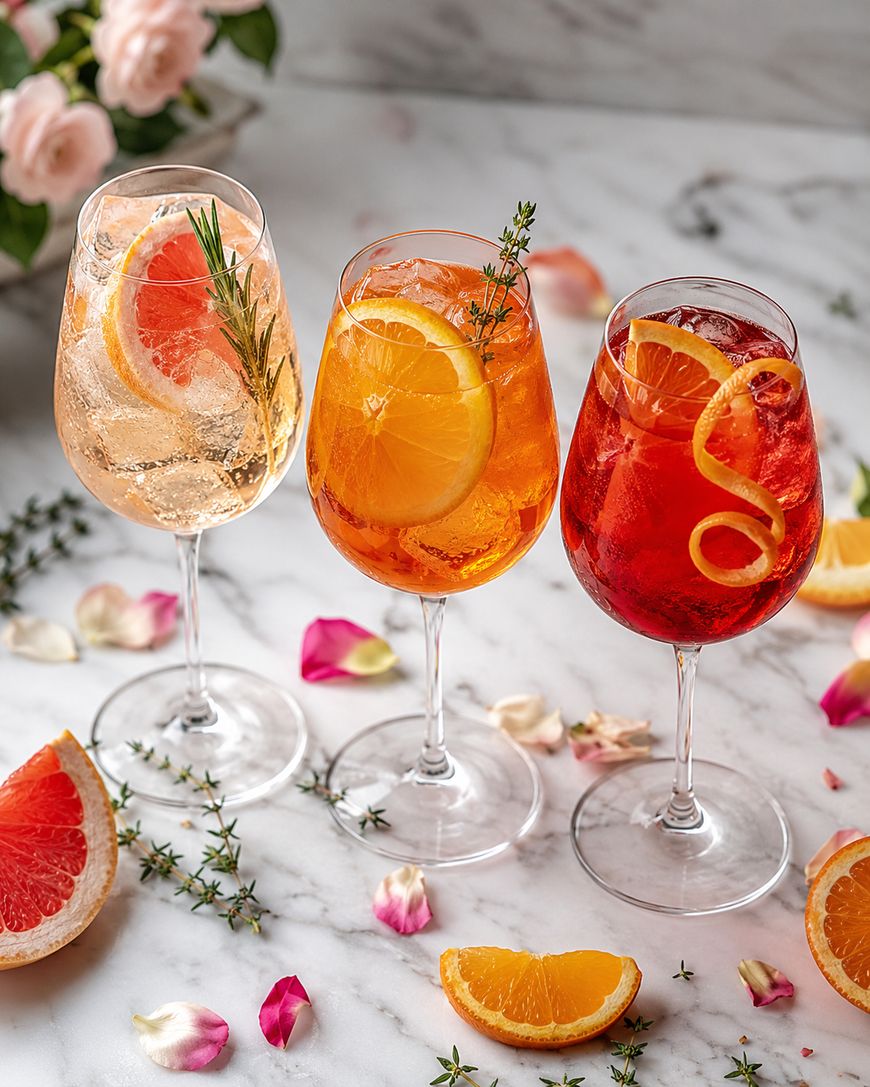 Three glasses of colorful spritz cocktails garnished with orange, grapefruit slices, and herbs, placed on a marble surface with scattered flower petals, orange wedges, and thyme sprigs; flowers are in the background.