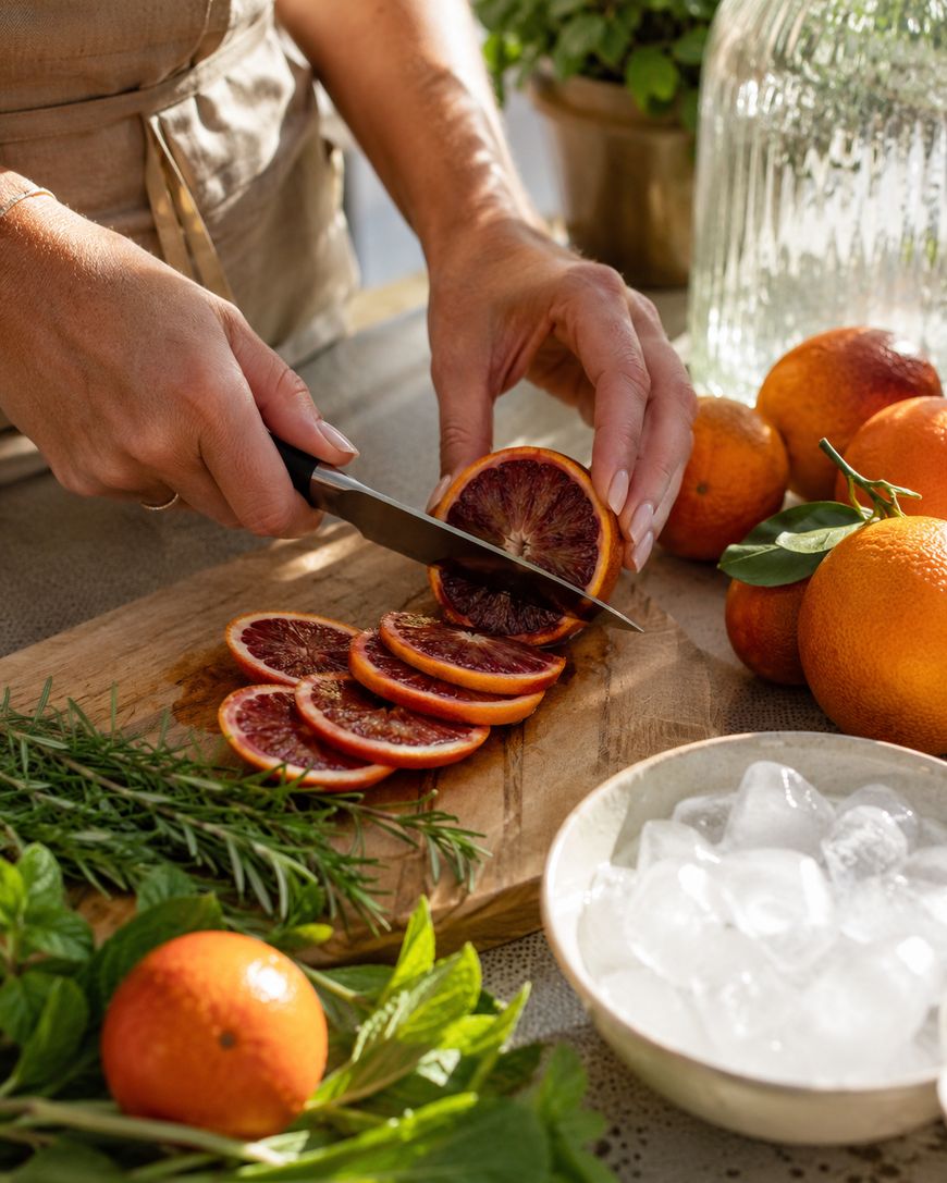 A person slices a blood orange on a wooden cutting board surrounded by fresh herbs, whole oranges, and a bowl of ice cubes. Sunlight streams onto the tabletop, creating a warm, fresh atmosphere.