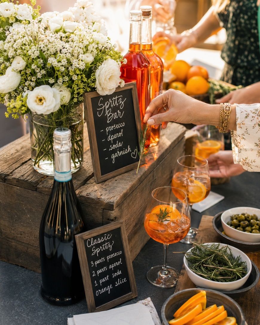 A rustic outdoor drink station with flowers, bottles of prosecco and aperol, orange slices, herbs, and two small chalkboards showing Spritz recipes. A person garnishes a spritz cocktail with rosemary.