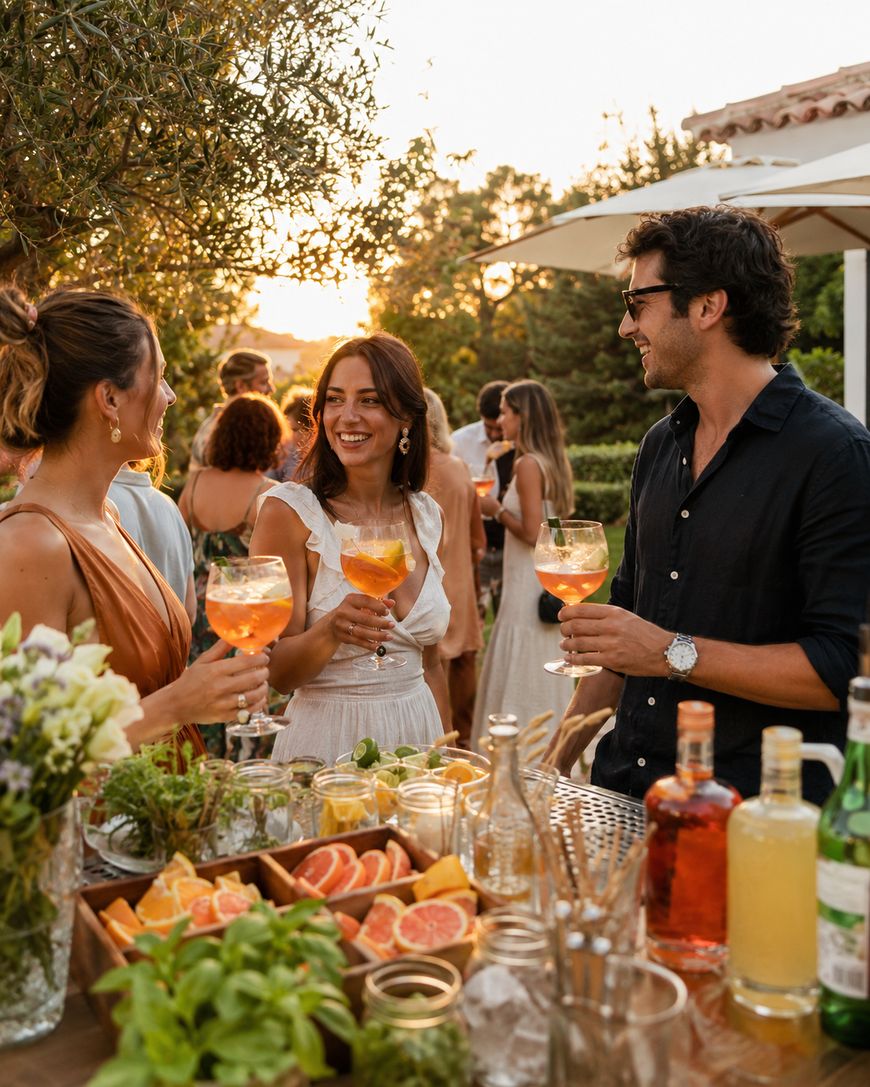 Three people stand by an outdoor bar, smiling and holding cocktails. The bar is decorated with fresh fruit, herbs, and bottles. Other guests mingle in the sunny background, creating a lively, festive atmosphere.