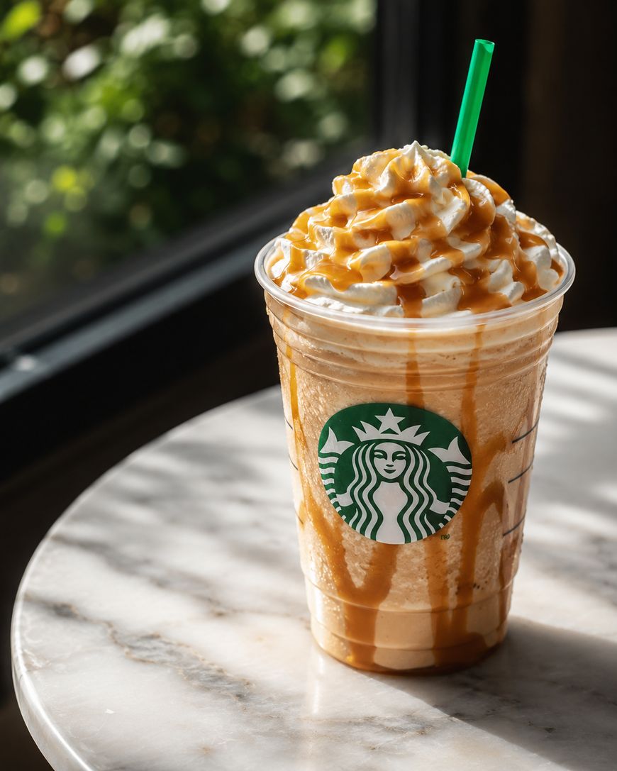 A Starbucks iced blended drink topped with whipped cream and caramel drizzle, served in a clear plastic cup with a green straw, sitting on a marble table near a sunny window.