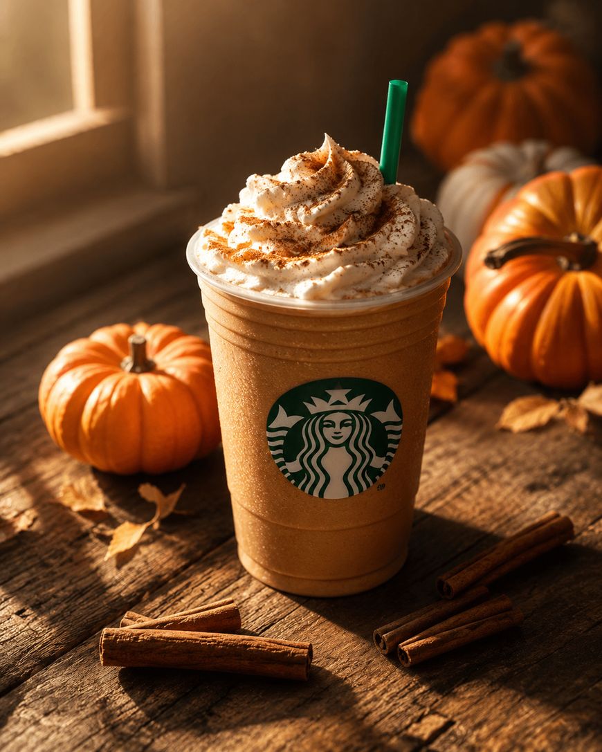 A Starbucks pumpkin spice frappuccino with whipped cream and cinnamon, surrounded by pumpkins, cinnamon sticks, and autumn leaves on a rustic wooden table in warm sunlight.