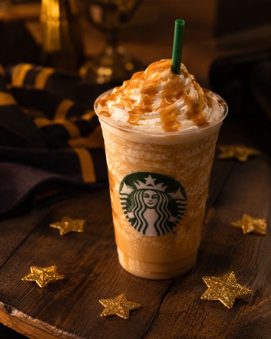 A caramel frappuccino topped with whipped cream and caramel drizzle sits on a wooden table, surrounded by gold star decorations. A dark scarf with yellow stripes is in the background.