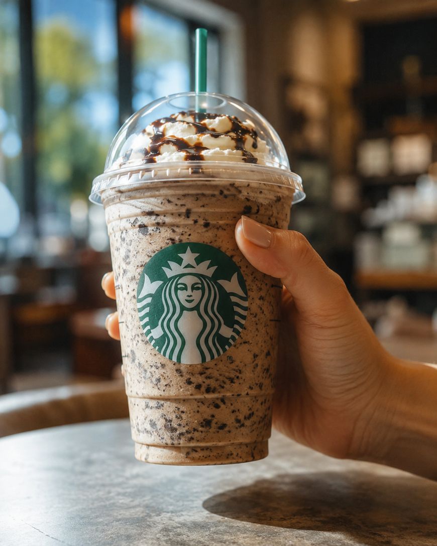 A hand holding a Starbucks cup filled with a blended cookies and cream frappuccino, topped with whipped cream and chocolate drizzle, inside a cafe with blurred background.