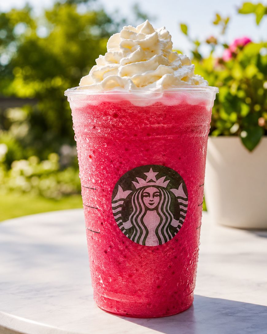 A bright pink iced Starbucks drink topped with whipped cream sits on a white outdoor table. The cup is covered in condensation, and there are green plants and flowers blurred in the sunny background.