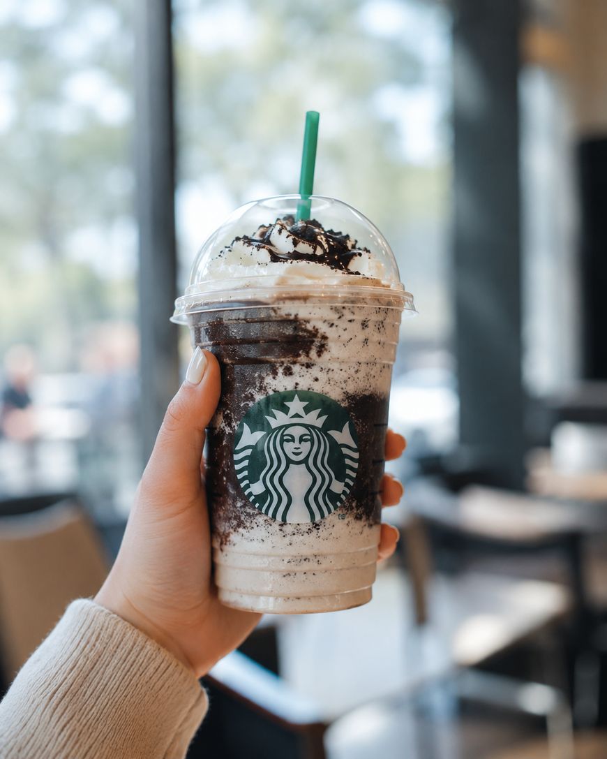 A hand holds a Starbucks frappuccino topped with whipped cream and chocolate drizzle in a clear plastic cup with a green straw, inside a bright, blurred café.