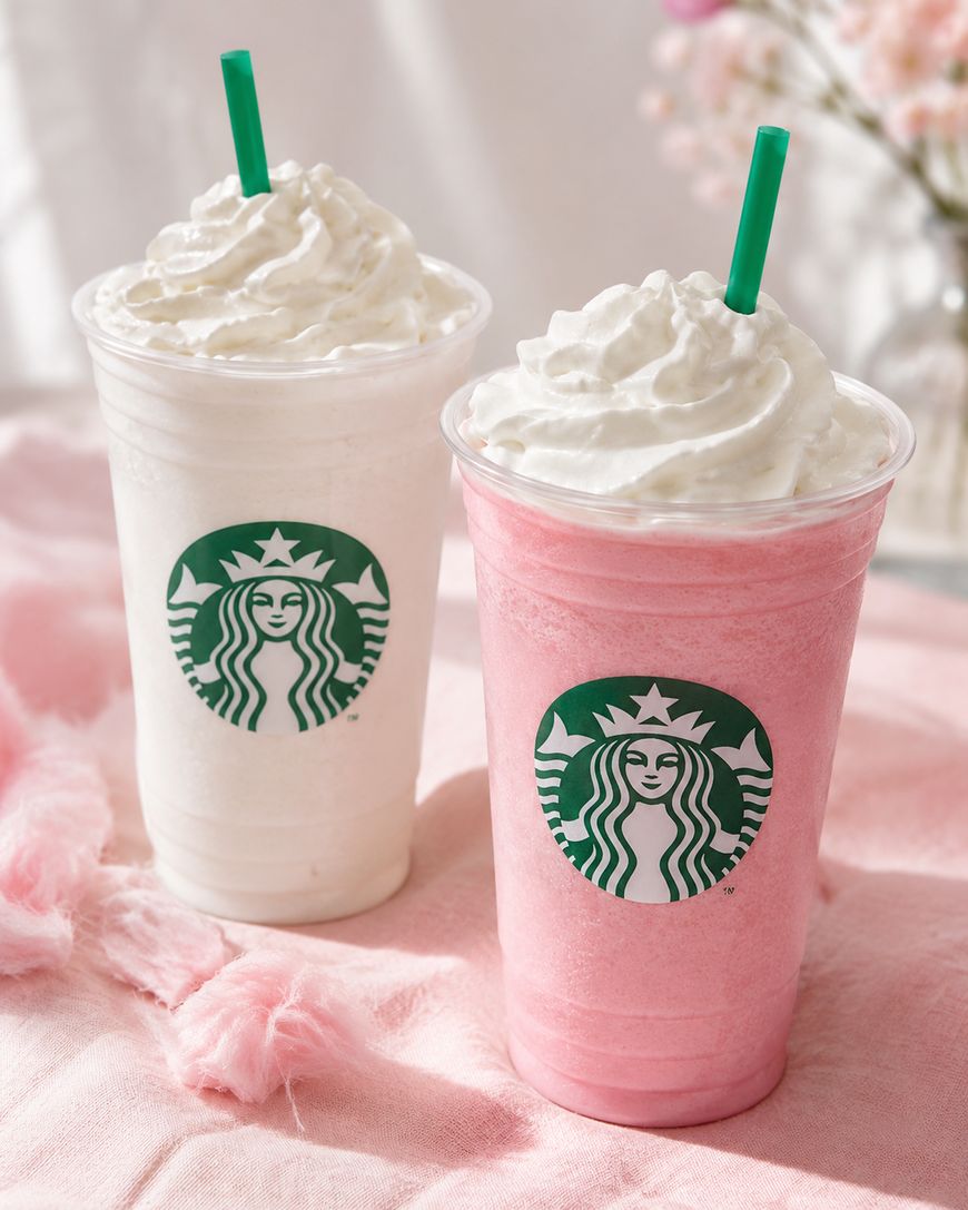 Two Starbucks Frappuccino drinks in clear cups with whipped cream and green straws; one is white and the other is pink. They are placed on a pink surface with soft pink fabric and flowers in the background.