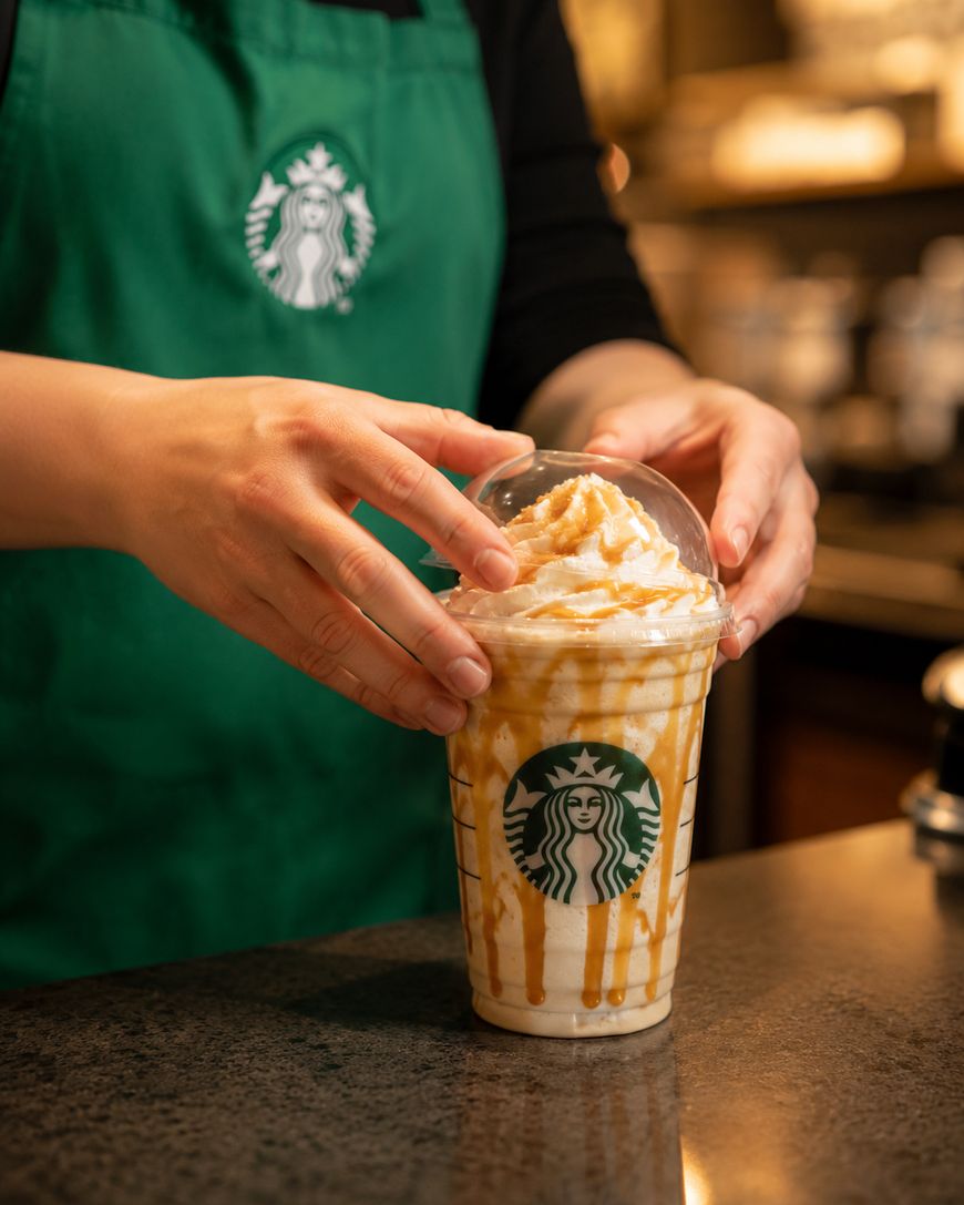 A Starbucks barista in a green apron places a clear dome lid on a caramel-drizzled Frappuccino, which sits on a counter inside a coffee shop.