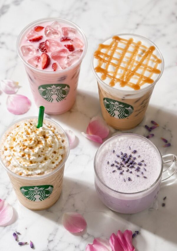 Four Secret Starbucks Drinks on a marble surface with scattered pink flower petals; the drinks include a pink iced strawberry beverage, caramel-topped iced coffee, whipped cream frappuccino, and a lavender-colored latte.