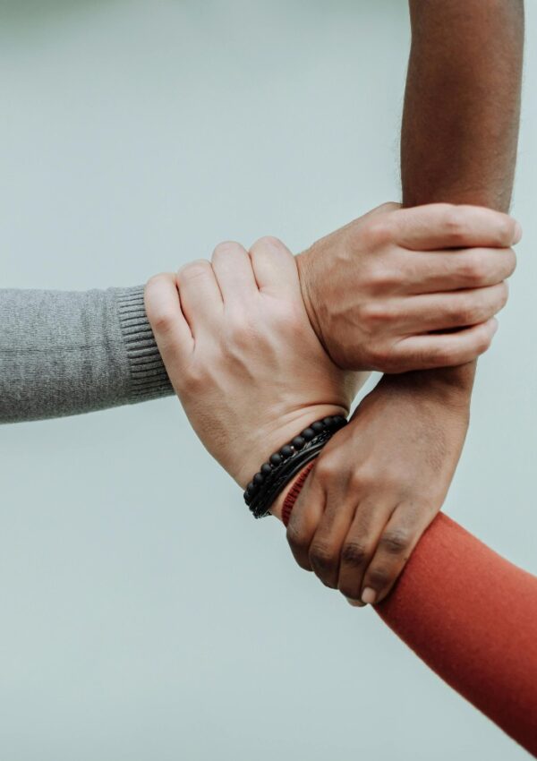 Four hands of diverse skin tones grasp each others wrists, forming a connected square against a plain light background, symbolizing unity, teamwork, and support.