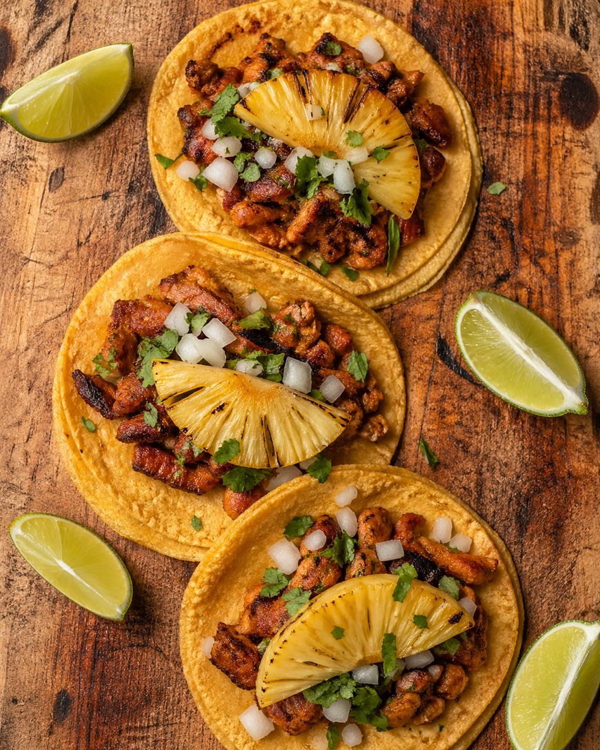 Three tacos on a wooden surface, filled with seasoned meat, chopped onions, cilantro, and a slice of grilled pineapple on top. Lime wedges are placed around the tacos.