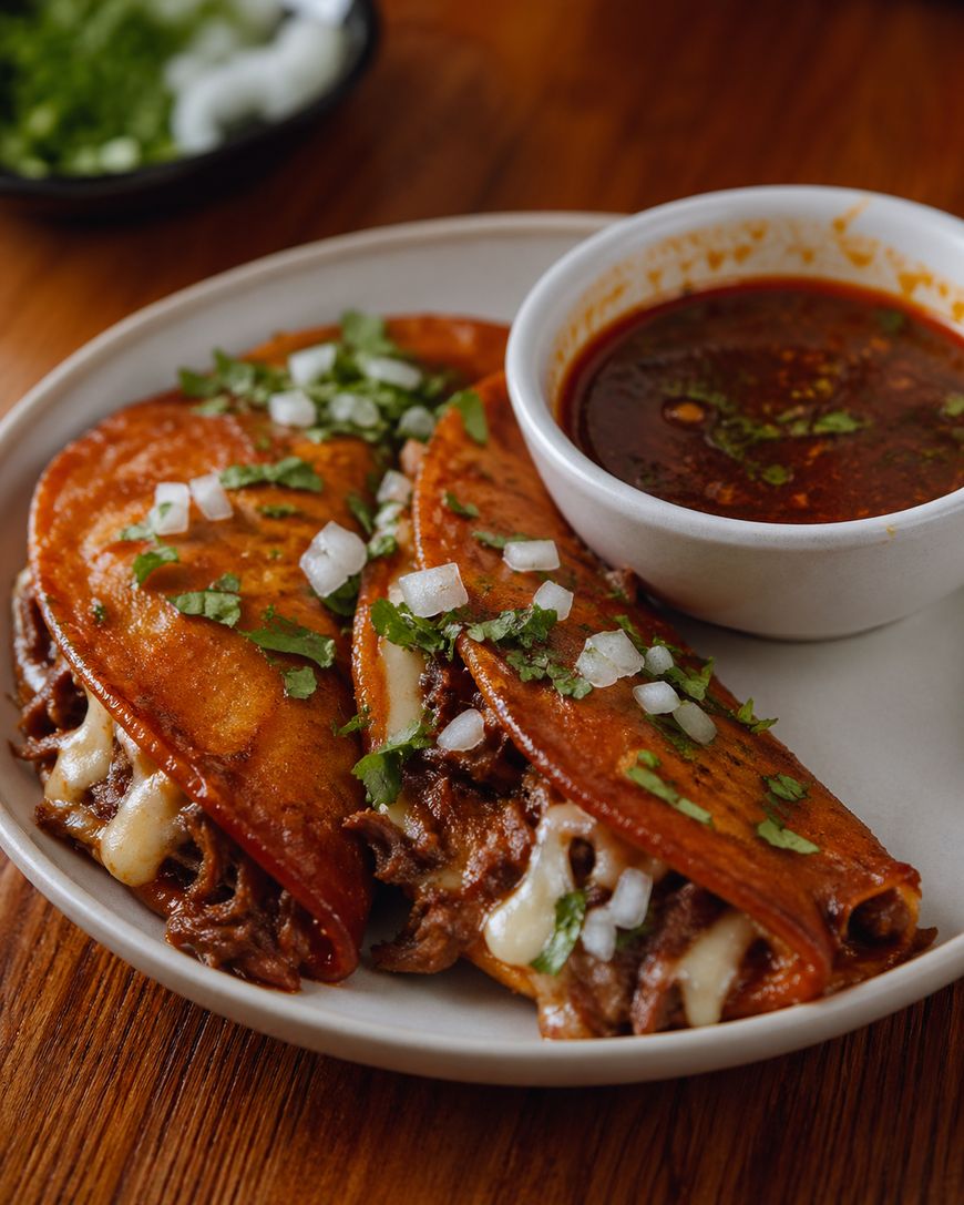 Two crispy birria tacos filled with beef and melted cheese are topped with chopped onions and cilantro, served on a white plate with a bowl of rich, red dipping consommé.
