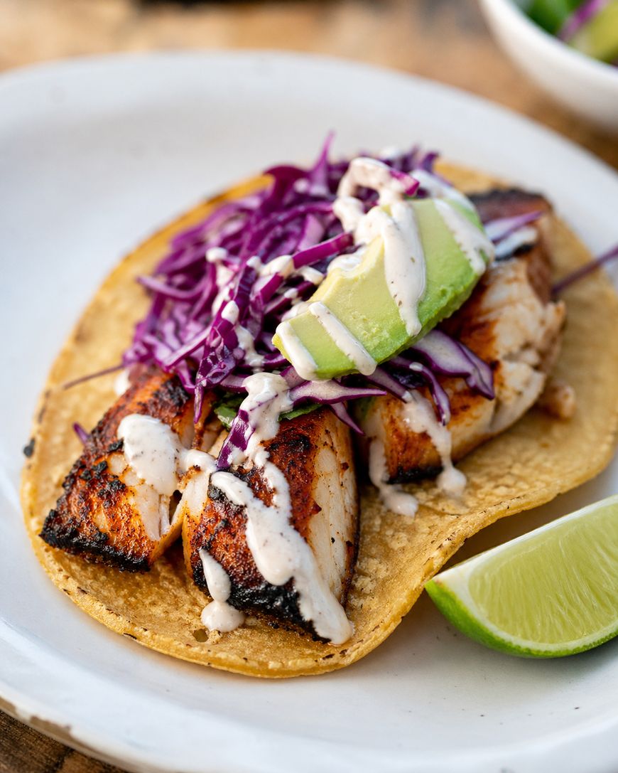 A grilled fish taco topped with shredded purple cabbage, sliced avocado, and creamy white sauce on a corn tortilla, served with a lime wedge on a white plate.