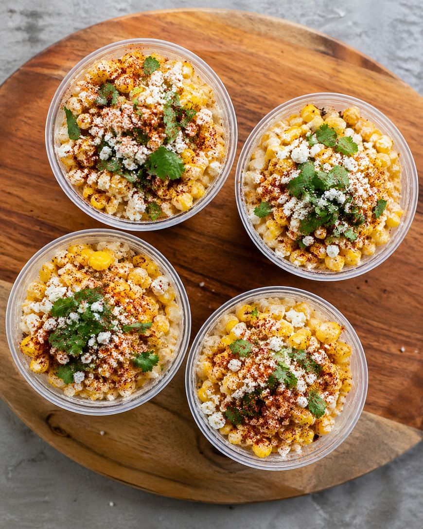 Four cups of Mexican street corn (elote) topped with cheese, chili powder, and cilantro are arranged on a round wooden board, with a gray surface beneath.