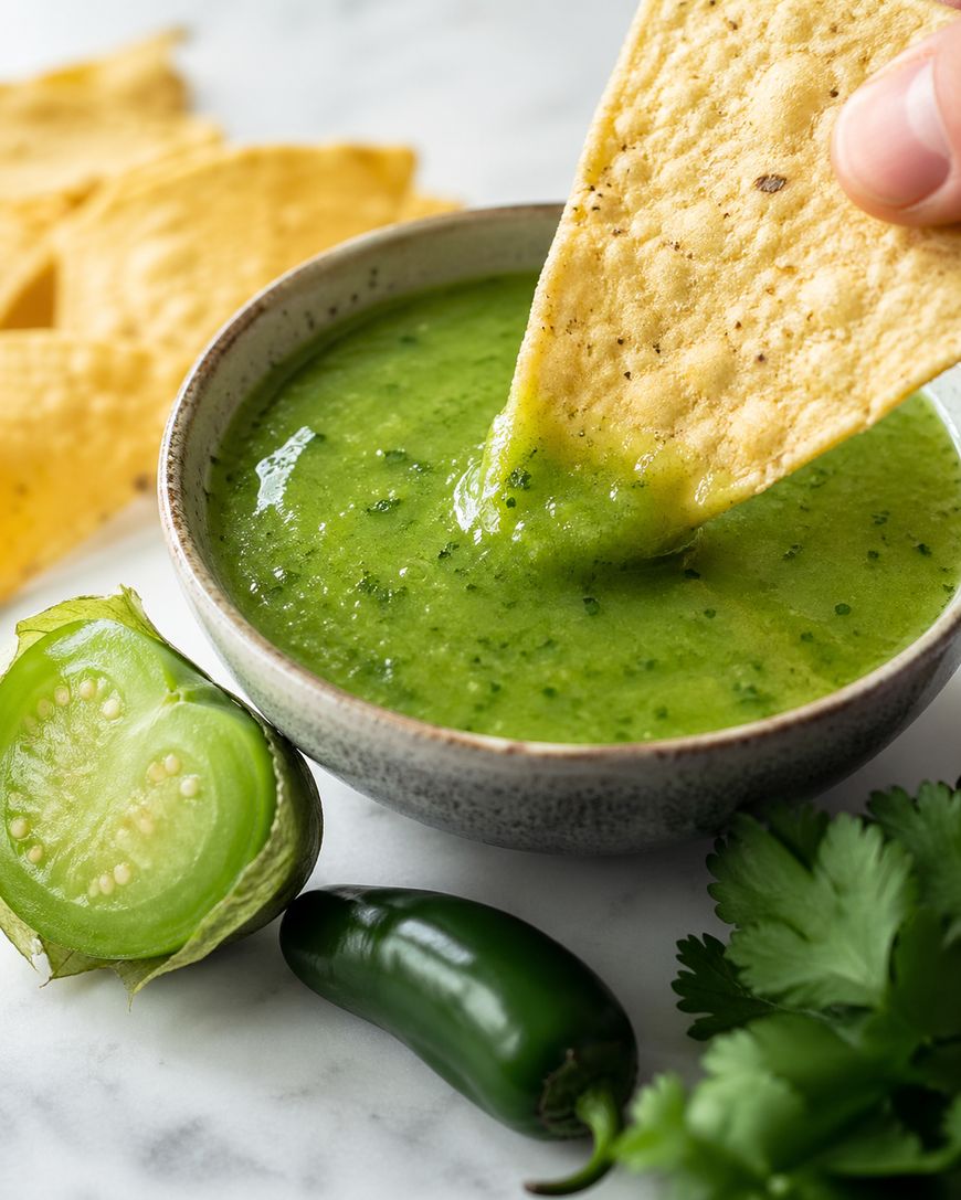 A tortilla chip is being dipped into a bowl of green salsa. Nearby are a halved tomatillo, a jalapeño pepper, fresh cilantro, and more tortilla chips on a marble surface.