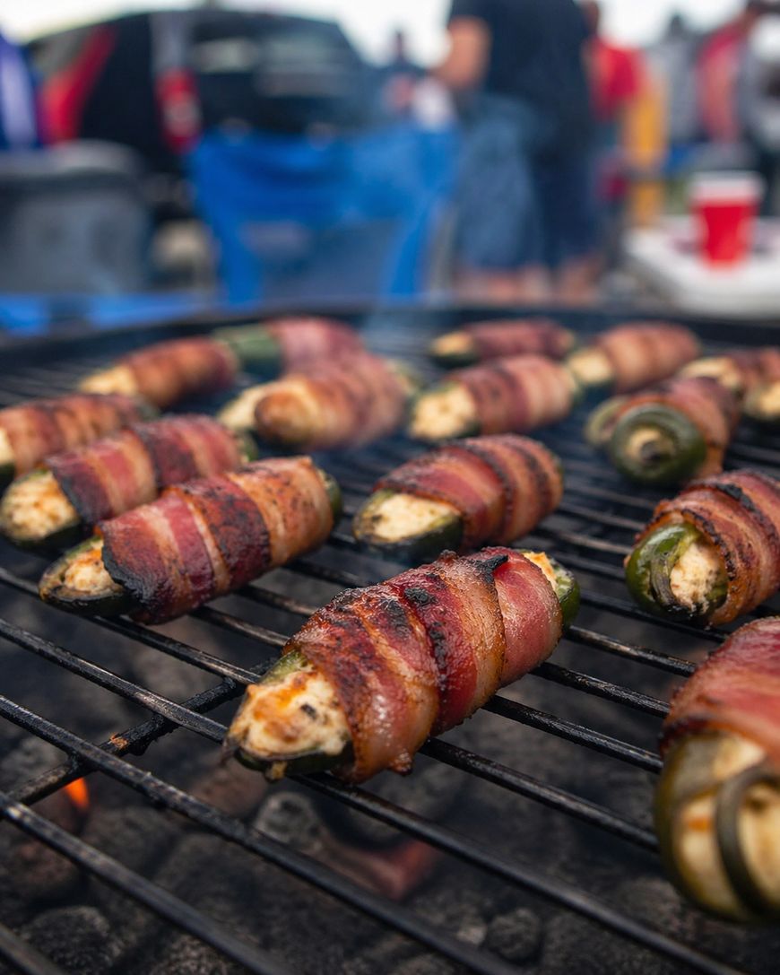 Bacon-wrapped jalapeño poppers grilling on a barbecue, with smoke rising and a blurred background showing people and tailgating setup.
