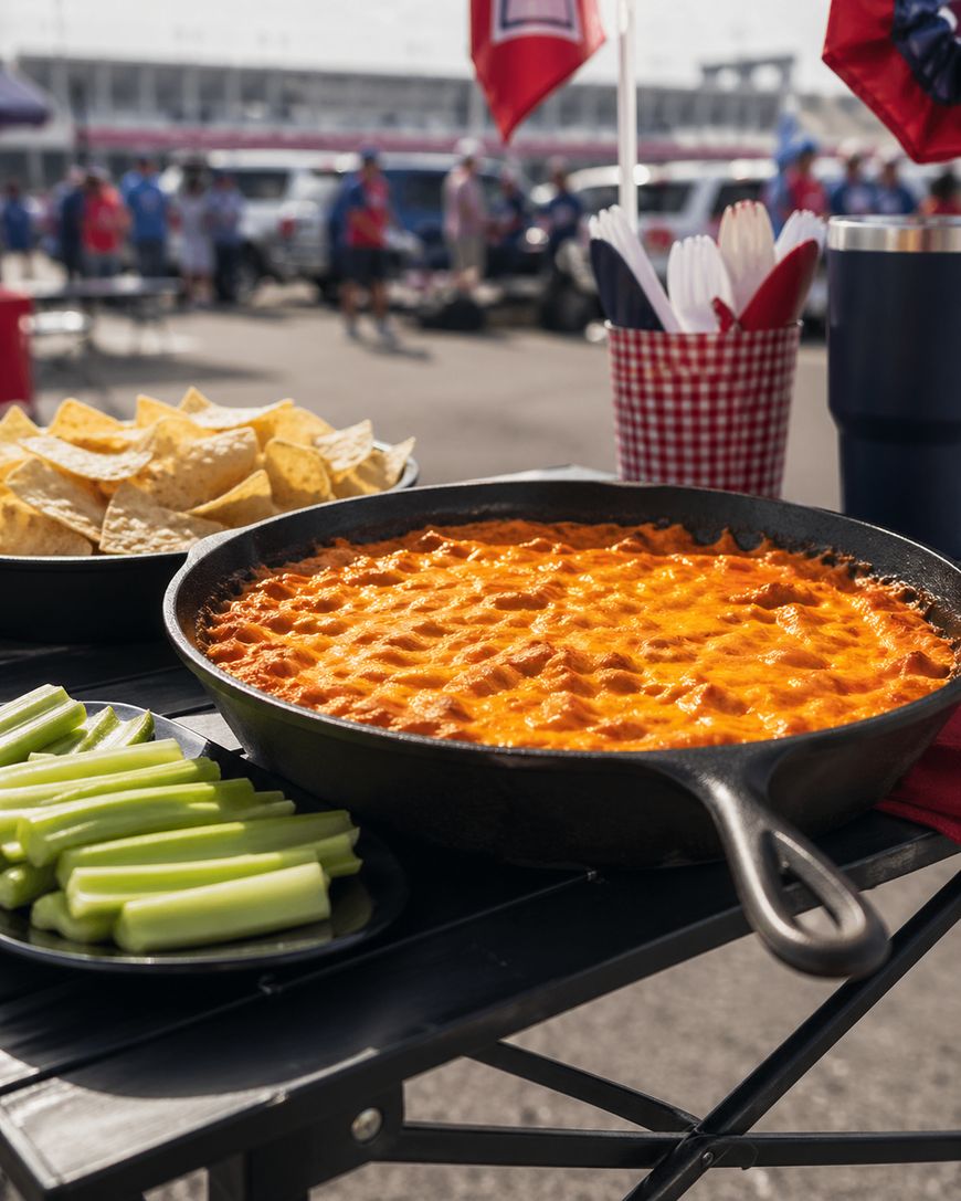 A cast iron skillet filled with baked buffalo chicken dip sits on a table alongside a plate of celery sticks and a bowl of tortilla chips, with people and cars in the background at an outdoor event.